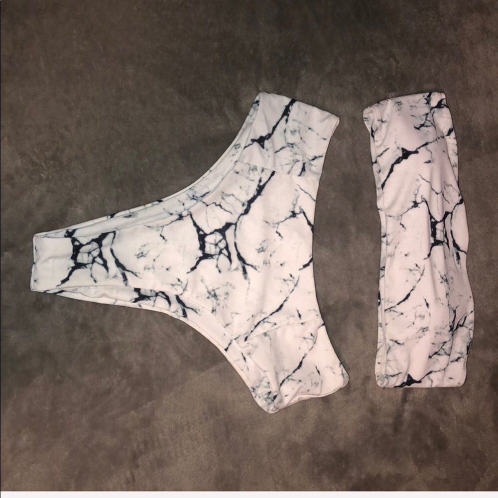 Marble black and white high-wasted bandeau bikini.
